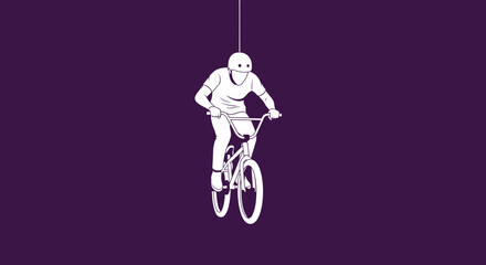 Naklejka premium Abstract Artistic BMX Rider Suspended In Mid-Air Against Deep Purple Background Minimalist Line