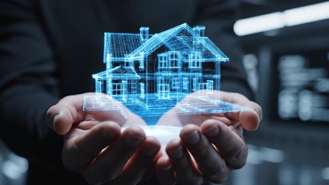 Hands holding a glowing blue holographic wireframe model of a house, representing future technology in real estate.