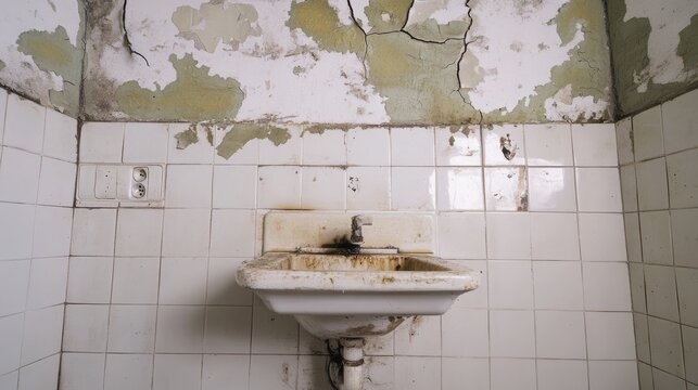 An old restroom with mold under sink and cracked ceiling .