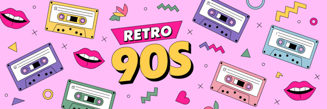Retro 90s pattern design with cassette tapes and vibrant lips illustration