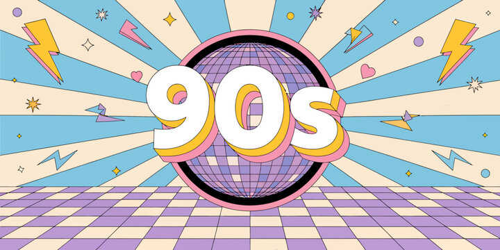 Retro 90s graphic with disco ball and lightning bolts on a checkered floor background