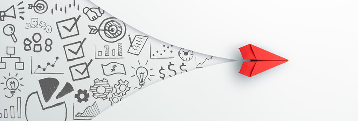 Fototapeta premium Red paper plane and business strategy. Business success, innovation and solution concept.