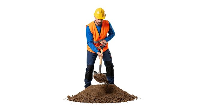 Groundworker digging pile of soil with shovel on construction site