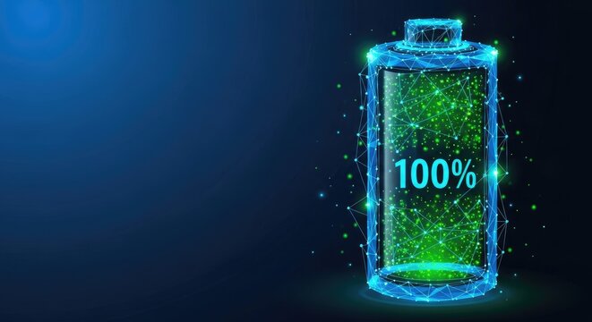 A digital illustration of a fully charged battery icon showing one hundred percent capacity with glowing neon blue and green light effects