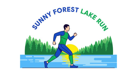 Fototapeta premium Active Man Running By Lakeside Forest At Sunrise Scenic Outdoors