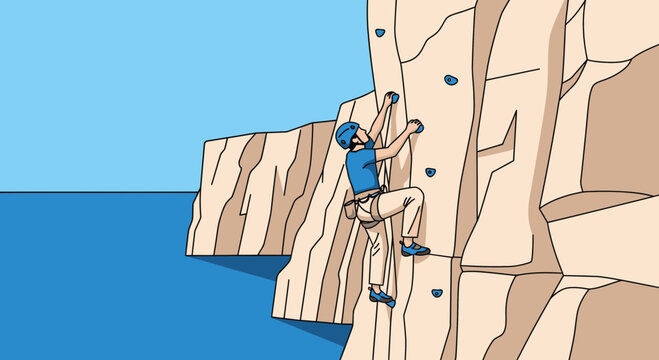 Adventure Seeker Ascends Towering Cliff Face Over Blue Waters