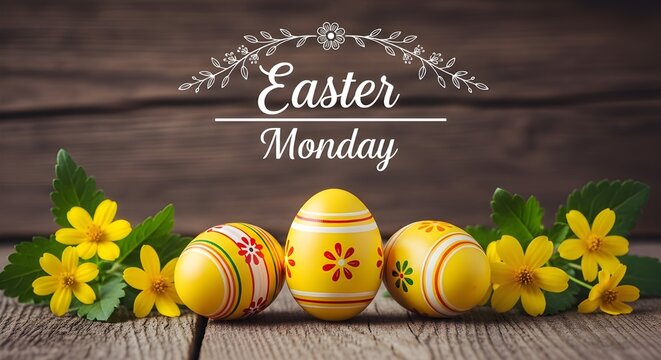 Festive easter monday greeting with decorated eggs and vibrant daffodils on a rustic wooden surface