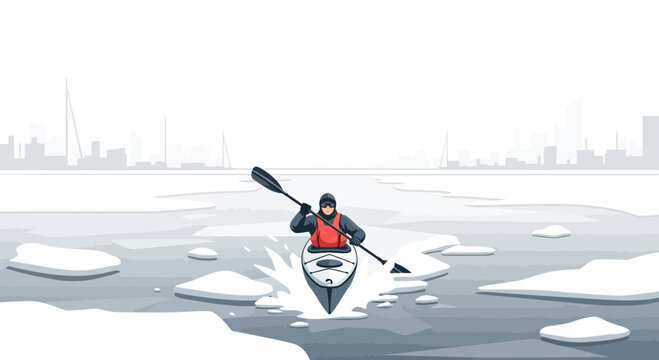 Adventurous Kayaker Navigates Frozen Waters Near City Skyline