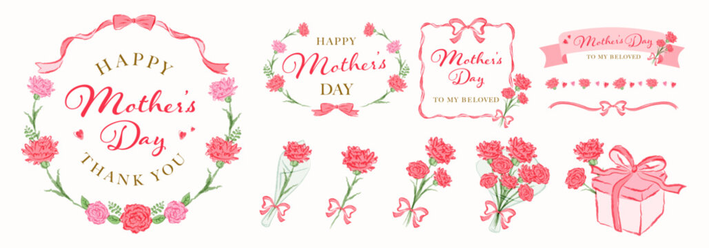 手書きの母の日のカーネーションやリボンの水彩タイトルフレーム_花束やプレゼントのイラストセット_リボン帯や飾り罫