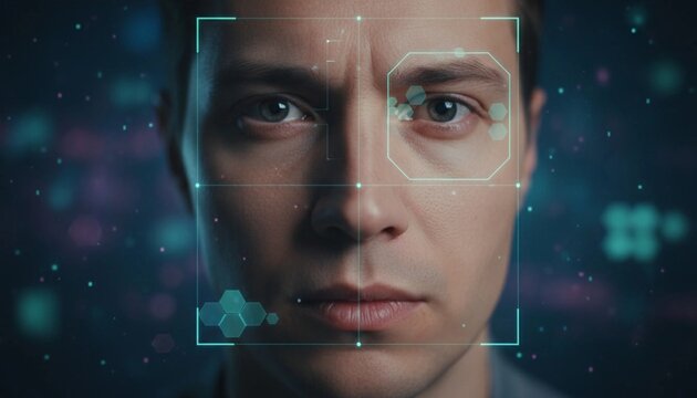 Close-Up of Digital Identity Verification with Face Scan, Biometric Security and Technology Concept