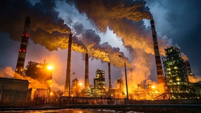 Industrial factory with heavy smoke emissions at sunset capturing environmental pollution climate crisis and impact of industry on natural atmosphere in dramatic scene