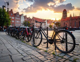 Obraz premium A row of bicycles stands parked on a cobblestone street in front of historic buildings bathed in the warm glow of a setting sun.