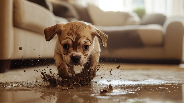 Puppy jumping in a puddle outside and tracking mud into the living room .