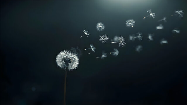 Lonely dandelion with flying seeds in the wind. Symbol of sadness, grief, solitude and fleeting life. Poetic and emotional nature background for loss, mourning and farewell themes
