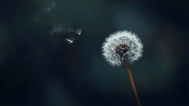 Lonely dandelion with flying seeds in the wind. Symbol of sadness, grief, solitude and fleeting life. Poetic and emotional nature background for loss, mourning and farewell themes