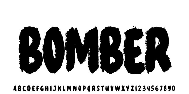 Bomber rough vector font. Rough alphabet for horror movie, music, and fashion.