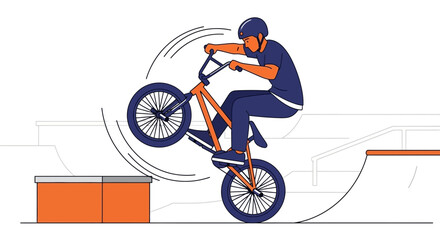 Fototapeta premium Athletic Bmx Rider Executes Wheelie Jump On Bike Ramp Park Action