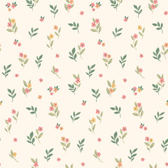 Seamless floral pattern, liberty ditsy print in a delicate baby motif. Cute botanical design of small hand drawn flowers, tiny green leaves, simple mini plants on light background. Vector illustration © Yulya i Kot