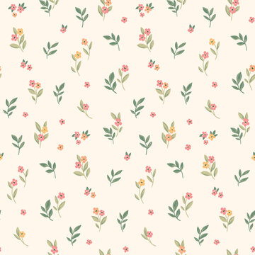 Seamless floral pattern, liberty ditsy print in a delicate baby motif. Cute botanical design of small hand drawn flowers, tiny green leaves, simple mini plants on light background. Vector illustration