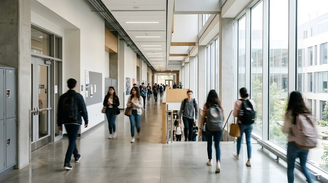 Students walking in a modern university hallway