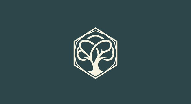 Elegant Tree Logo Design Within a Geometric Hexagon Shape.