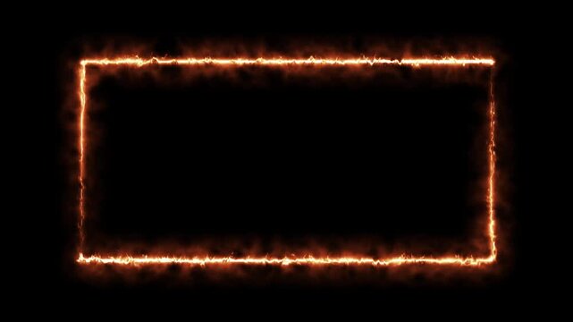Fiery rectangle frame burning with glowing orange flames on black background motion clip 4k video