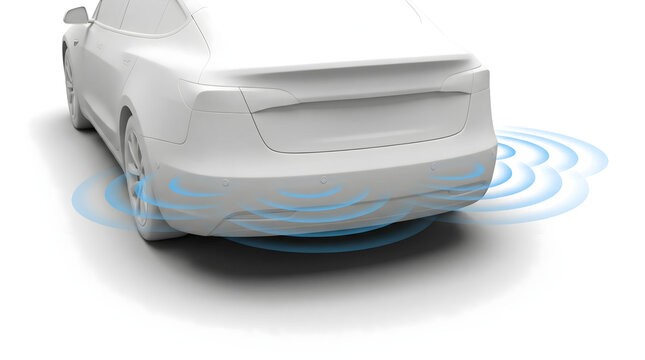 Rear angled view of 3D white car emitting parking sensor waves for backup assistance and safety technology