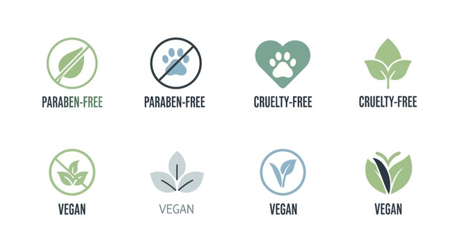 Collection of eco friendly cosmetic label icons for paraben free, cruelty free and vegan products, representing sustainable packaging, symbolizing organic skincare branding