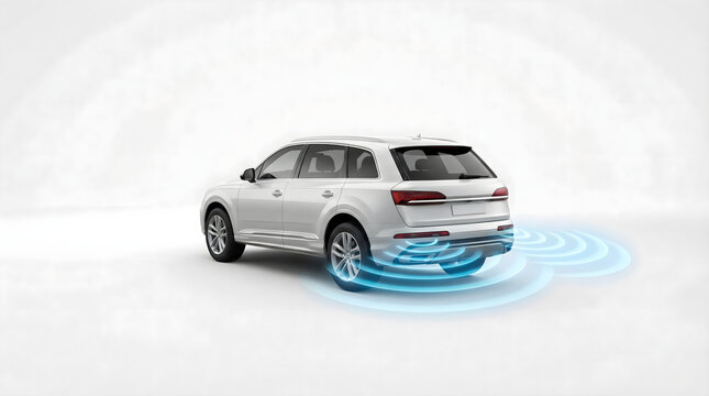3D white SUV car with active rear corner radar sensors for blind spot monitoring and reverse parking assist