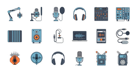 Comprehensive set of professional podcasting equipment icons featuring studio microphones, headphones and audio mixers, illustrating media production, provides radio broadcasting resources