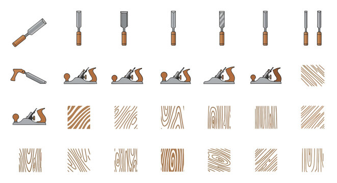 Woodworking hand tool icons set featuring chisels and hand planes with assorted wood grain textures on white, illustrating carpentry skill and representing professional joinery service