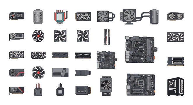 Set of professional computer hardware parts icons including motherboard gpu ram and cpu coolers, provides assets for tech blogs and illustrating custom pc building guide