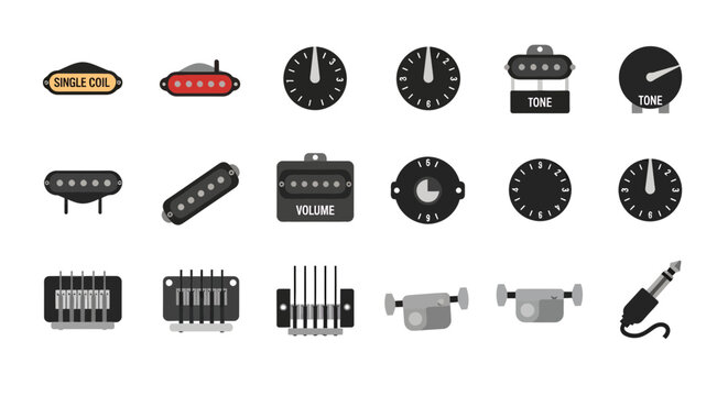 set of flat electric guitar hardware icons including pickups volume knobs tone controllers bridges and audio jack, illustrating musical instrument customization and studio equipment design
