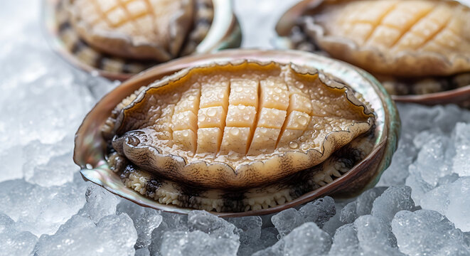 Freshly prepared raw abalone shellfish, elegantly displayed on sparkling ice, highlighting its delicate texture and vibrant oceanic appeal for gourmet cooking
