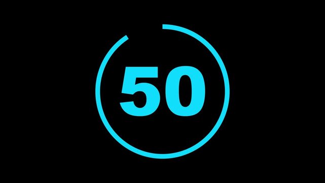 Circle countdown timer one minute animation from 55 to 0 second animation with alpha channel, 55 second countdown timer, Countdown video on black background.