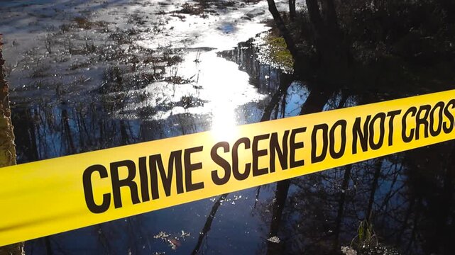Crime Scene Tape in Front of a Melting Lake, Sunshine Backlighting