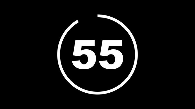 Circle countdown timer one minute animation from 60 to 0 second animation with alpha channel, 60 second countdown timer, Countdown video on black background. 60 seconds countdown timer animation.