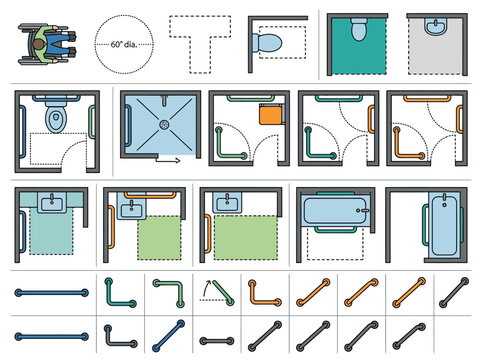 Top-down illustrations of accessibility-compliant bathroom layouts and grab bar configurations for universal design