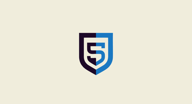 Elegant Blue Shield Logo with Number Five Symbol.