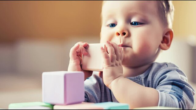child stacking soft blocks focus on hands development milestone concept shallow depth of field pastel tones