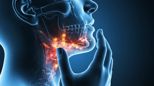 3d medical illustration of jaw pain with glowing inflammation in dark background