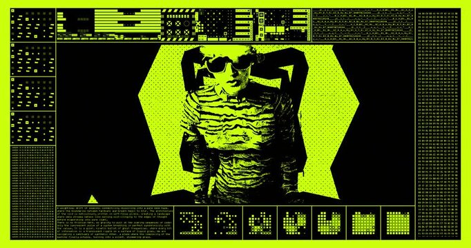 Cyberpunk Hacker Interface HUD with Stylized Character Girl and Glitch Text Data