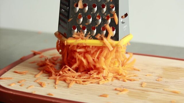 Close-up of grated fresh carrot on a rustic wooden cutting board in bright natural light