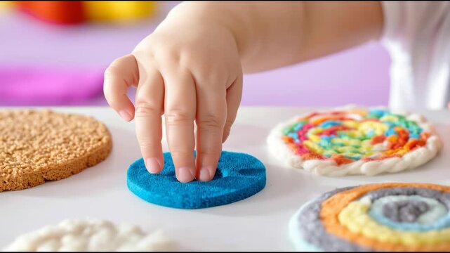 child using sensory board with different textures macro focus tactile learning concept pastel background