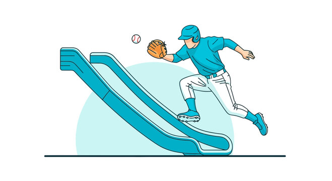 Athletic Playful Baseball Player On Escalator Catching Ball