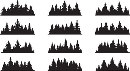 Fototapeta premium Collection of pine tree silhouettes in various shapes and sizes for design and icon use