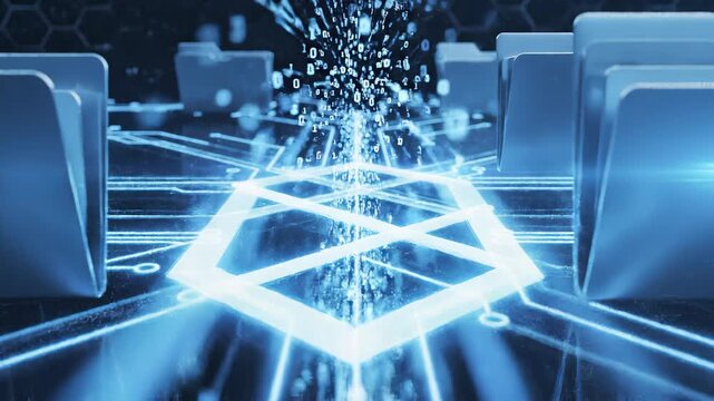 Row of digital blue folders organized on glowing circuit board lines over dark hexagonal background, concept for big data storage, cloud file management and digital information security