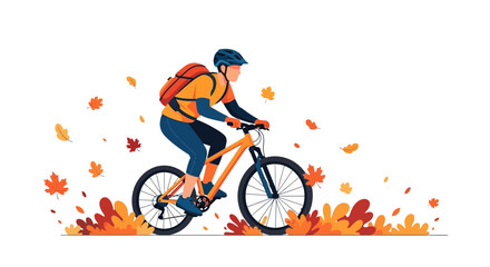 Fototapeta premium Autumn Cyclist Riding Through Colorful Falling Leaves
