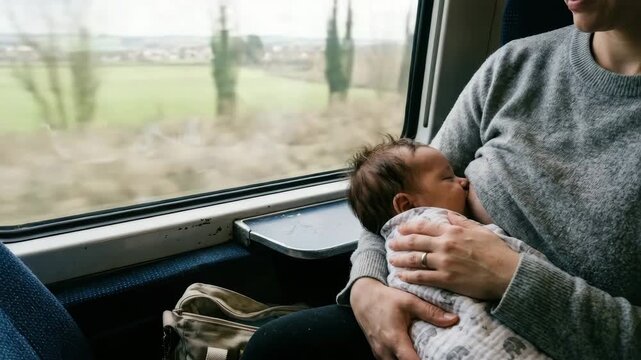 A mother breastfeeds her baby on a train as the landscape passes by the window