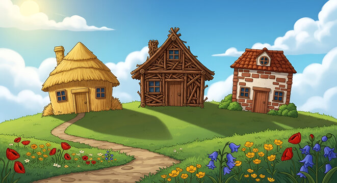 The three little pigs houses on a grassy hill under a blue sky